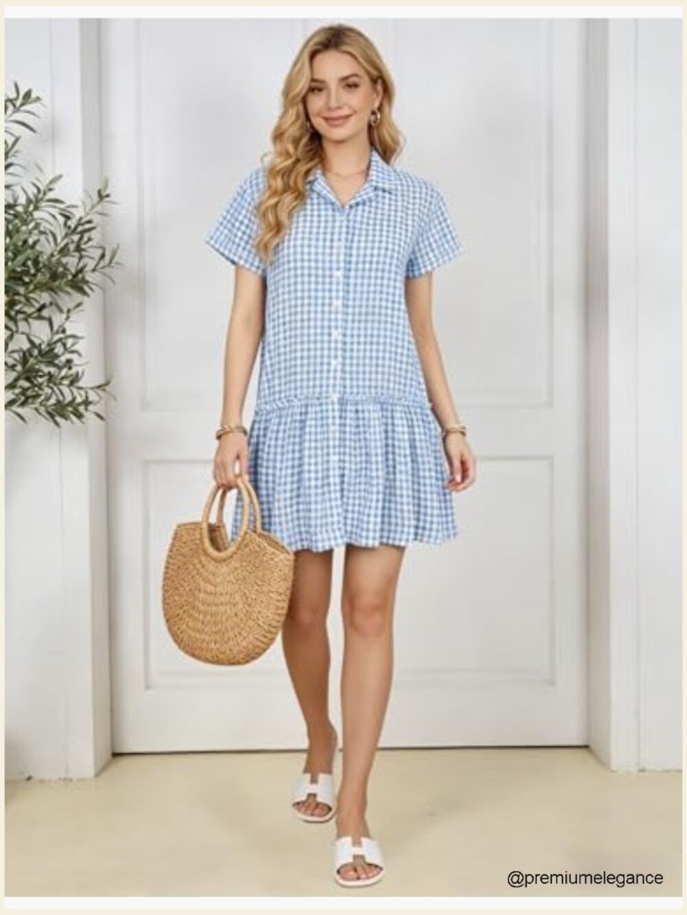 Women's Cotton Gingham Babydoll Mini Sundress Short Sleeve Button Down Ruffle - Picture 6 of 7